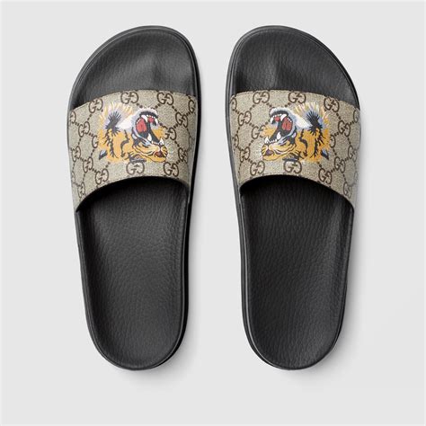 gucci men's gg supreme st tiger pool slide sandals|Gucci slide gg 1084.